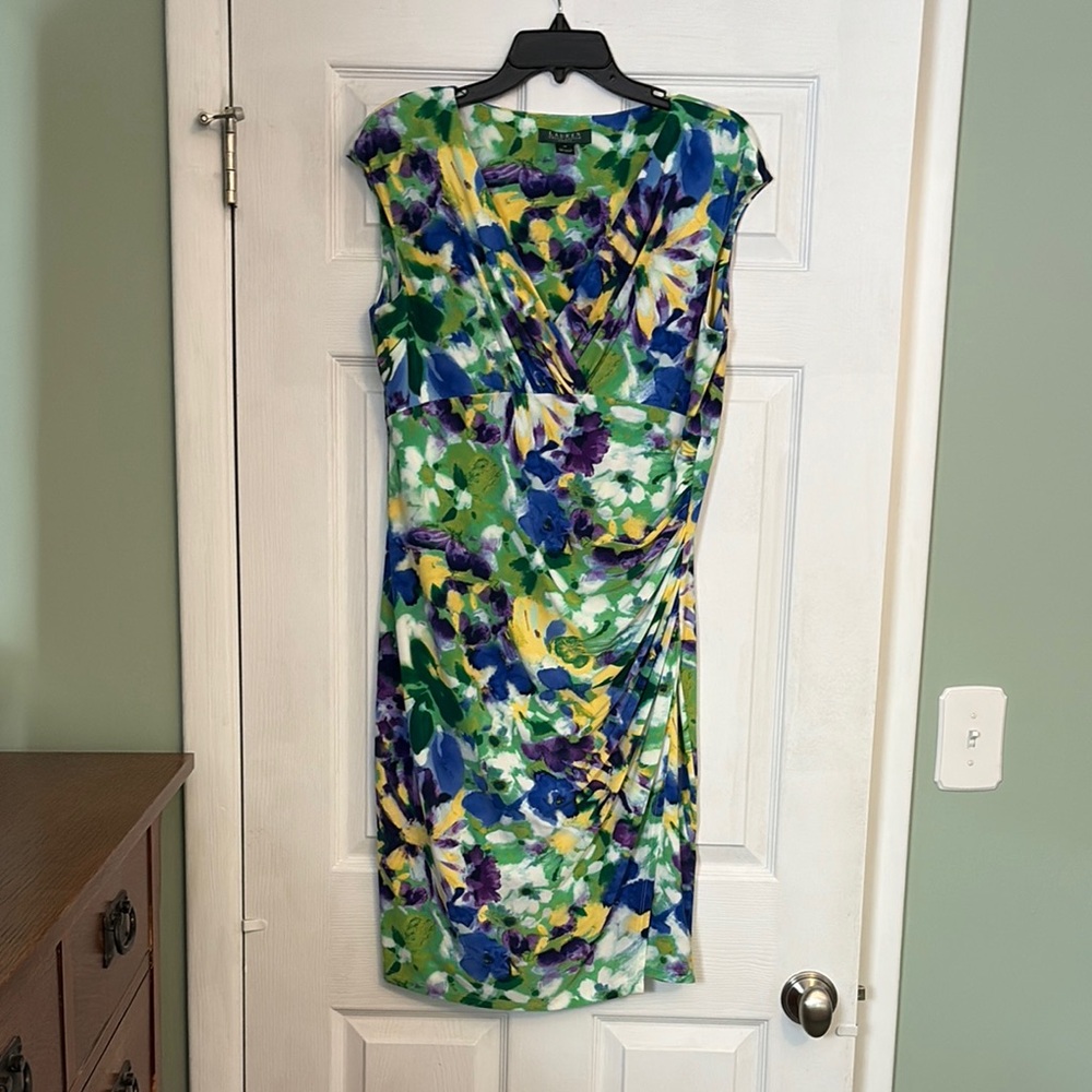 Lauren Ralph Lauren Blue and Green Ruched Sheath Dress in EUC